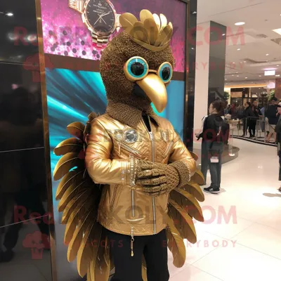 Produktbild von Goldene REDBROKOLY Pfau Maskottchen kostümfigur bekleidet mit einer Lederjacke und Armbanduhren