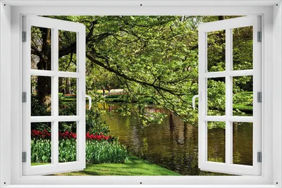 Produktbild von Wallario Outdoor-Poster für Garten oder Balkon 61 x 91,50 cm: Bunte Blumen im Park am Wasser - Frühblüher am Ufer