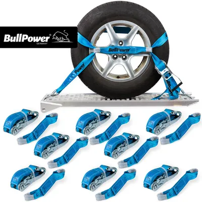 Produktbild von 8x BullPower Spanngurte AZG251 - Autotransport PKW Zurrgurte Reifengurte Transportsicherungen 50mm - LC 4000 kg / daN mit Trapezband, Ratsche und Haken