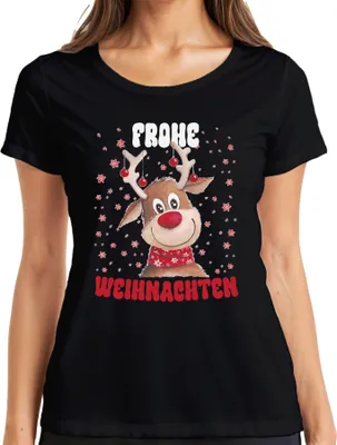 Produktbild von Frohe Weihnachten Süßes Reh Rentier - Weihnachten Xmas Christmas Damen T-Shirt, Schwarz, XL