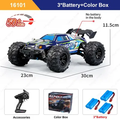Obrázek produktu pro Dálkově ovládané auto - model 16101, terénní vozidlo - měřítko 1:16 - rychlost 70 km/h - pohon všech kol - LED osvětlení - možnost driftování - barva: modrá