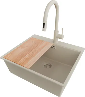 Produktbild von PRIMAGRAN Granitspüle Beige 58x50cm, Spülbecken 1 Becken + Küchenarmatur 40x20cm + Ablauf-Set + Schneidebrett, Küchenspüle ab 60er Unterschrank - Oslo