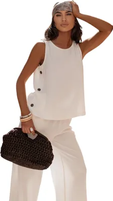 Produktbild von Damen Leinen-Viskose Set Zweiteiler Sommer Outfit mit ärmellosem Top & weiter Hose Ecru/S/M