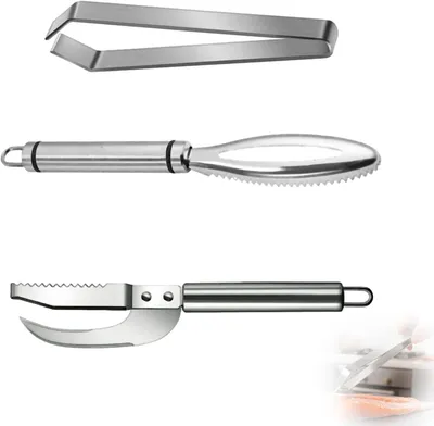 Imagen del producto de Juego de tres piezas para quitar escamas de pescado, fabricado en acero inoxidable. Incluye un cuchillo para pescado multifunción (3 en 1) con un quitapesques. Ideal para la cocina