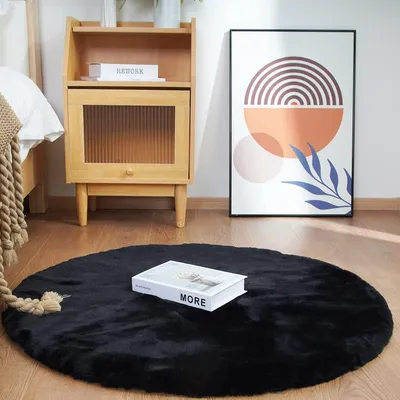 Productafbeelding van Hoogpolig vloerkleed 90 cm, zwart, rond, antislip, voor woonkamer