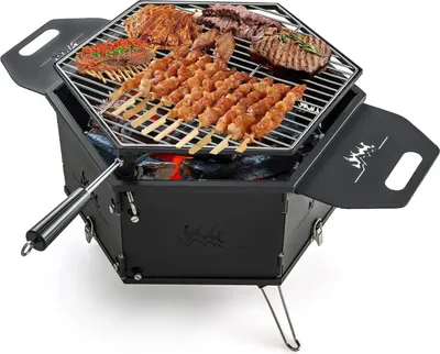 Immagine prodotto di Barbecue a carbonella - Barbecue da campeggio - Focolare e barbecue 2 in 1 - Griglia girevole a 360° - Pieghevole - Con maniglie - Nero