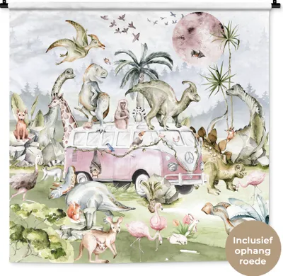 Produktbild von MuchoWow® Wandteppich Wandbehang Dinosaurier - Kinder - Bus - Bäume - Tiere - Kinder 150x150 cm Tapisserie Dekoration Wandtuch - Wohnaccessoires - Modernes