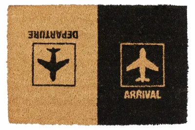 Image de Tapis d'entrée Relaxdays en fibre de coco « Arrival Departure », tapis de porte avec motif d'avion, pour l'intérieur et l'extérieur, 40 x 60 cm, naturel/noir
