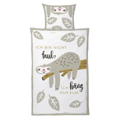A duvet cover and pillowcase set with a sloth design.