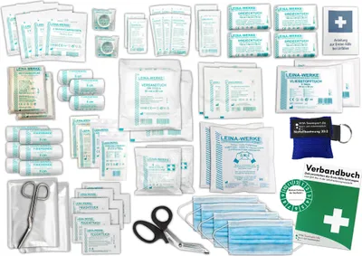 Produktbild von Komplett-Set Erste-Hilfe nach aktueller DIN/EN 13 169 PLUS 1 für Betriebe inkl. Notfallbeatmungshilfe & Verbandbuch