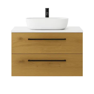 Produktbild von Waschbeckenunterschrank ONE mit Abdeckplatte 2 große Schubladen Eiche Artisan Weiß Hochglanz 80x50x46 hängend Badezimmer schwarze Griffe