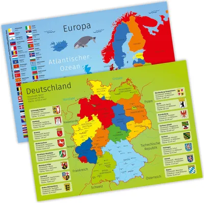 Produktbild von nikima Tischset Deutschland- & Europakarte, A3 (420 x 297 mm), 300 g/m² Karton, matte Folie, nicht für täglichen Esstisch-Gebrauch (Kanten unversiegelt), auch als Schreibtischunterlage & Geschenk
