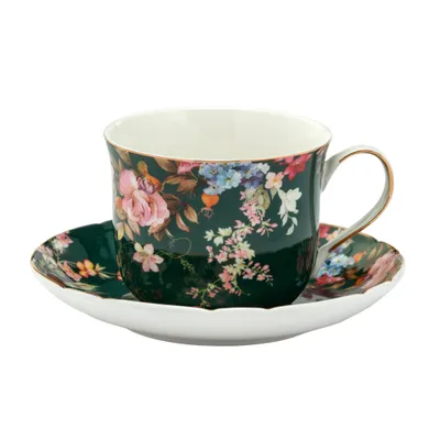 Produktbild von Tasse Becher Porzellan Kaffeetasse Teetasse mit Untertasse Blumen Grün 400 ml