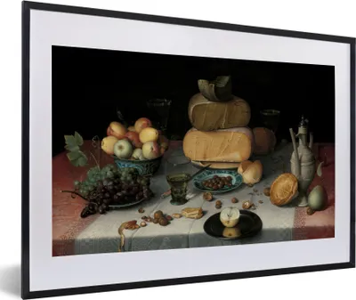 Produktbild von MuchoWow® Gerahmtes Poster Stilleben mit Käse - Kunstwerk - Alte Meister 60x40 cm - Poster mit Schwarzem Bilderrahmen Wandposter Rahmen Foto Bilder - Schlafzimmer - Plakat in Rahmen - Drucken
