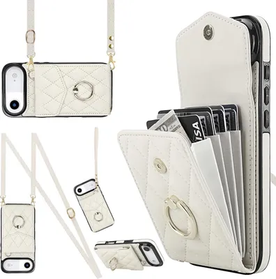 Productafbeelding van Crossbody hoes van kunstleer voor de Apple iPhone 17 Air, met ruitpatroon en RFID-kaartsleuf, in de kleur wit