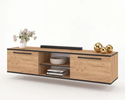 Produktbild von Fernsehschrank TV-Lowboard KING HÄNGEND MIT GRIFFEN Craft Eiche mit schwarzem Rand/Craft Eiche 160cm, KI-generiertes Bild