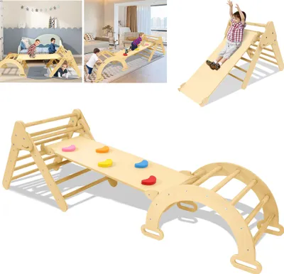 Image de XINZI 3 en 1 Triangles à grimper Ensemble d'échafaudage à grimper avec toboggan, arche à grimper et échelle à grimper Waldorfrocker Pliable échelle à grimper-toboggan