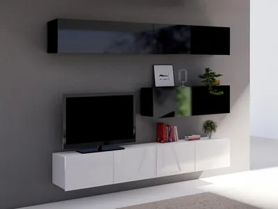Produktbild von Wohnwand CALABRINI-8 Wohnzimmer-Set Hängewohnwand Schrankwand TV-Schrank Moderne Anbauwand Hochglanz (Schwarz + Weiß)
