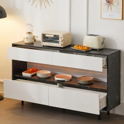 Productafbeelding van AIORBER Kommode, met 4 lades, LED-verlichting, ruime opbergruimte, marmerlook, voorzien van een omvalbeveiliging, geschikt voor keuken en woonkamer, afmetingen 150x35x89,5 cm, wit