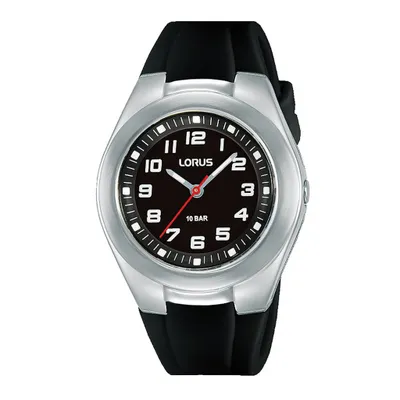 A close-up studio shot of a Lorus watch with a black face and silver casing.