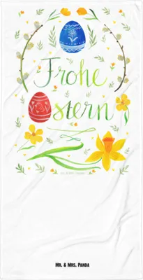 Produktbild von Mr. & Mrs. Panda Strandtuch Ostern Frohe Ostern - Weiß - Geschenk, Ostergrüße, Bemalte Ostereier, Duschtuch, Handtuch, Osterblume, Großes, Osterei, Badehandtuch
