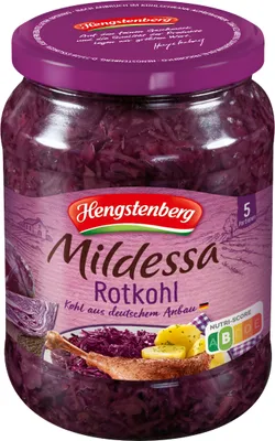 A jar of red cabbage product on a white background.