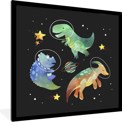 Produktbild von MuchoWow® Gerahmtes Poster Weltraum - Dinosaurier - Sterne - Kinder - Kinder - Kinder 40x40 cm - Poster mit Schwarzem Bilderrahmen Wandposter Rahmen Foto Bilder - Mit Rahmen - Wanddekoration Schlafzimmer