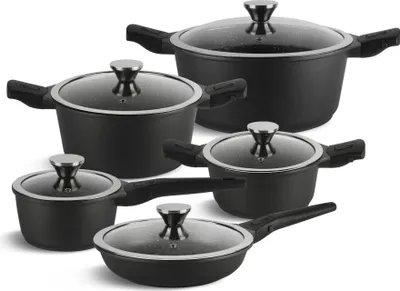 A set of black cookware with glass lids and silver handles, arranged in a studio setting against a white background.