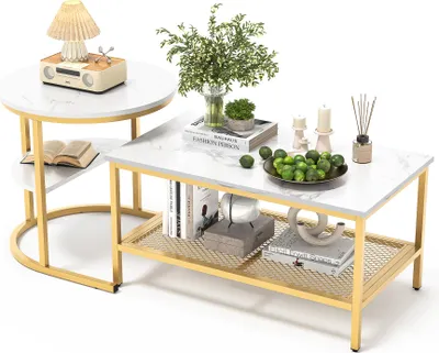 Obrázok produktu pre ProximaX Elegantný konferenčný stolík 2-dielny - Moderný okrúhly a obdĺžnikový konferenčný stolík v čiernej farbe, dizajnové stoly do obývačky
