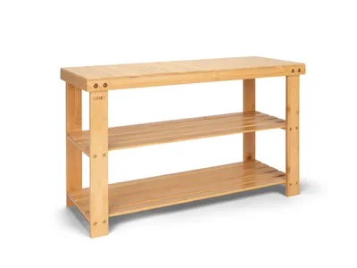 Productafbeelding van Schoenenrek, bank met opbergruimte voor schoenen, schoenenkast met zitplaats, bamboe plank met afmetingen 75x28,5x45,5 cm, 5 cm breder dan standaard schoenenbanken