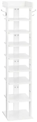 Schmales 9-Stufen Schuhregal mit Haken, Holz, Weiß