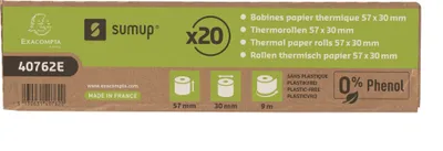The image shows the packaging of thermal paper rolls, with product details and specifications printed on it.