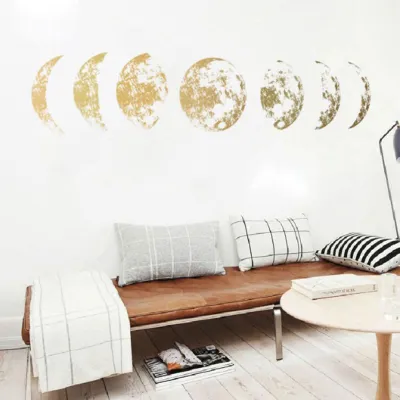 Image de Sticker mural avec motif de phase de lune doré, autocollant de fond pour la décoration de la chambre à coucher
