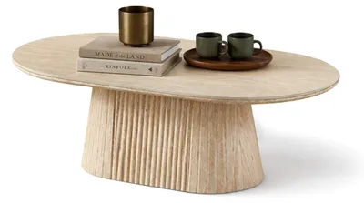 Produktbild von HOOZ® Couchtisch oval modern – Keramikplatte in Travertin-Optik – Sofatisch 130x70 cm – Säulenfuß massive Mittelfuß Design – pflegeleicht & stabil