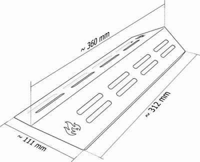 A diagram of a metal grill part with dimensions indicated.