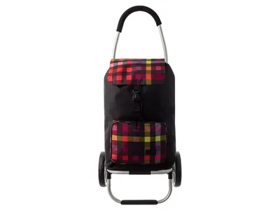 A shopping trolley with a black body and a colorful checkered pattern on the flap and pocket.