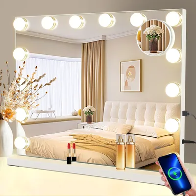 Zdjęcie produktu dla ZMH lusterko do makijażu lusterko kosmetyczne ściemnialne 50x40cm lusterko z oświetleniem LED 3 tryby sterowania dotykowego lusterko stołowe do toaletki białe
