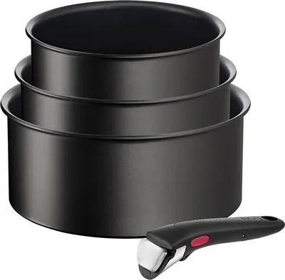 A set of three black nesting pots and a detachable handle are shown against a white background.