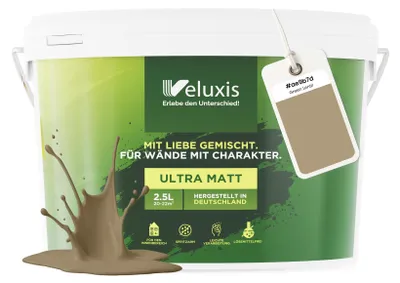 Produktbild von Wandfarbe Beige Grün Gold Matt Innenfarbe – Deckkraft Klasse 1, VOC-frei, Ohne Grundierung, Tropfarm – Wohnzimmer & Schlafzimmer – 2,5L – Veluxis (Green Lentil)