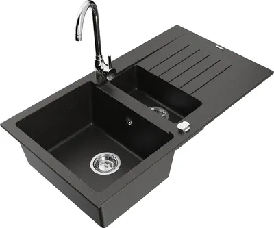 Produktbild von Mexen Matias 1,5-Becken-Granitspüle mit Abtropffläche und Mischbatterie Telma, Schwarz/Gold - 6502-75-670200-00