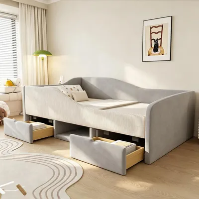 Produktbild von Merax Polsterbett Tagesbett 90×190cm mit Schutzgitter und 2 Schubladen, Sofabett mit Stauraum, Multifunktionsbett Kinderbett mit Samtstoff, Grau