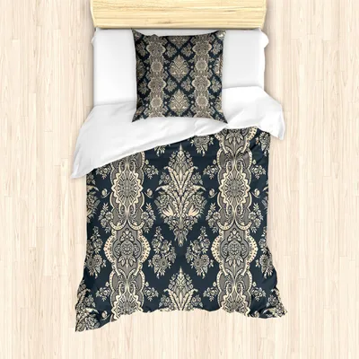 Produktbild von ABAKUHAUS Damast Bettbezug Set, Viktorianisches Art Barockes Klassisches Muster mit Blumen Floral Muster, 135 x 200 cm + 80 x 80 cm, Koksgraue Creme