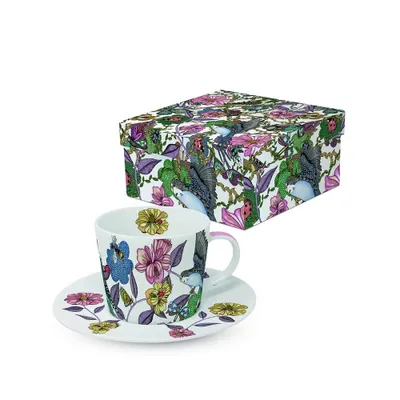 Produktbild von 2-tlg., PPD Porzellan, Mug, Espressotasse aus New Bone China Füllmenge: 0,1 l, H 5,5cm, ø 6,3 cm, Vogel, Blumen, Sommer, Libelle, Frühling