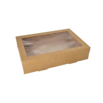 Produktbild von Transport- und Catering-Kartons, Pappe eckig 8 cm x 25,2 cm x 35,9 cm braun mit separatem Deckel und Sichtfenster aus PET