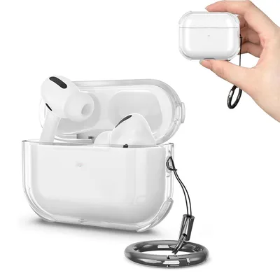 A hand holding a transparent case for AirPods Pro 3, with another case containing AirPods Pro 3 shown in the foreground.