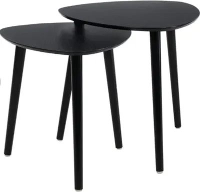 Two black nesting tables with triangular tops and three legs each, shown against a white background.