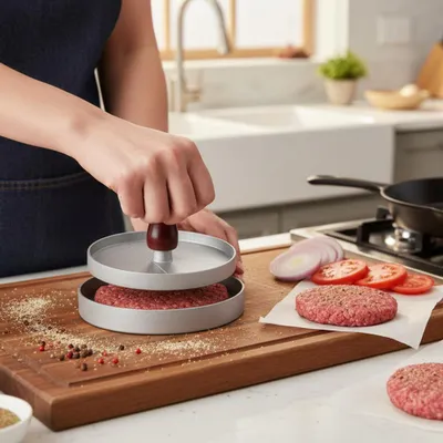 Obrázok produktu pre Ručný lis na hamburgery, forma s drevenou rukoväťou