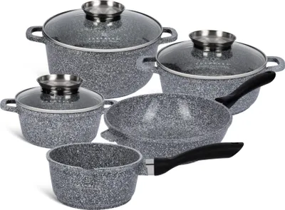 Produktbild von Topfset 10tlg, graue Töpfe, Kasserolle Kompotttopf Suppentopf Milchtopf, Kochtopf, Bratpfanne, Steinbeschichtung Induktionstöpfe (1.3L / 2.3L / 4.5L )