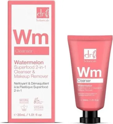 Produktbild von Dr Botanicals Watermelon Superfood 2-in-1 Cleanser & Makeup Remover, Makeup Reinigungsgel, Frauen, normale Haut, 100 ml, Tube, Aqua (Water), Cocamidopropyl Betaine, Coco-Glucoside, Glycerin, Sodium Chloride, Xanthan Gum,...