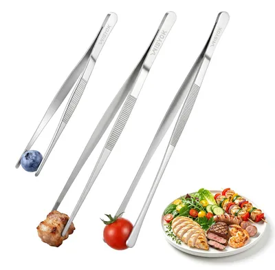 Productafbeelding van Set kooktangetjes - Roestvrij staal 304 - Voor koken en serveren - 30 cm en 20 cm - 3 stuks - Puntvormig en rond